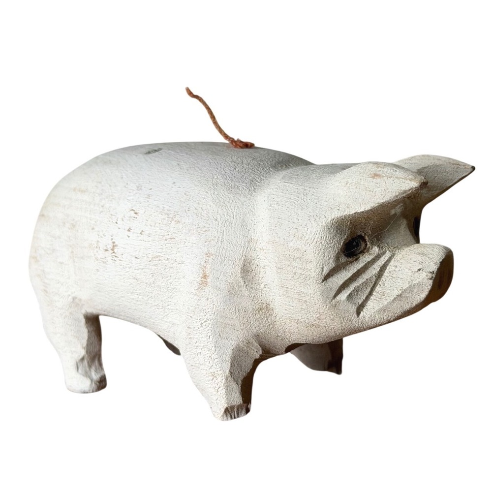 Vintage Hand Carved Wooden Pig Figurine White Folk Art Rustic Farmhouse Decor